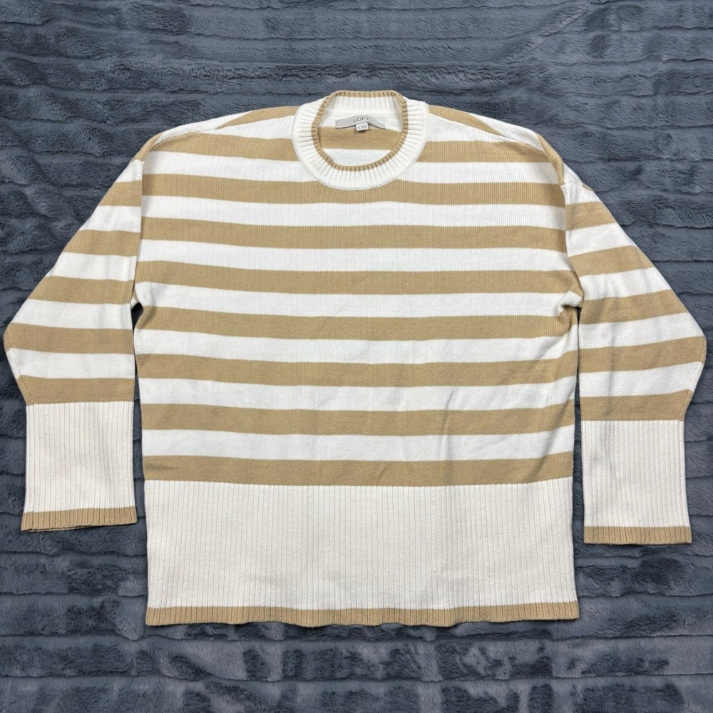Loft Womens Tan White Striped Crewneck Sweater Size M Drop Shoulder Cotton Blend